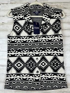 Chaps Womens S Southwestern Geometric Sweater Vest Black White 100% Cotton NWT